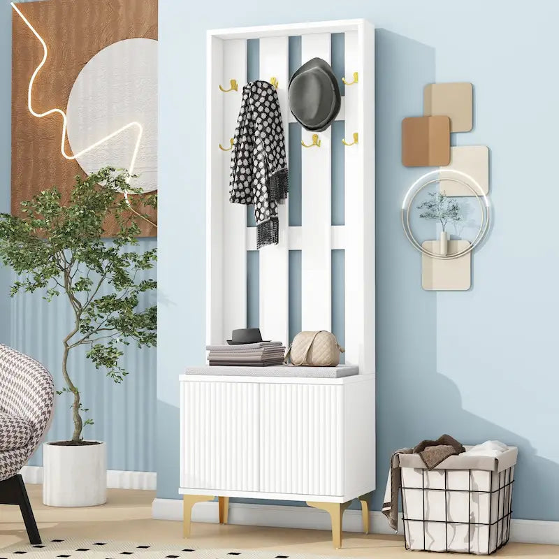 4-in-1 Hall Tree with Cushion Bench, Coat Rack with 8 Gold Hooks and Fluted Doors, Adjustable Shelves