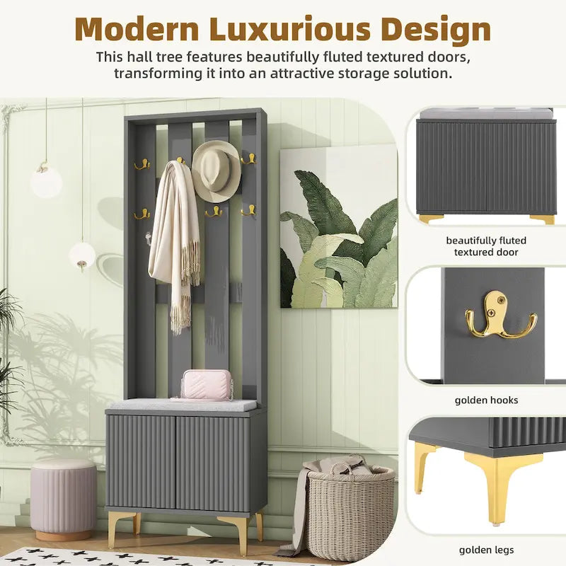 4-in-1 Hall Tree with Cushion Bench, Coat Rack with 8 Gold Hooks and Fluted Doors, Adjustable Shelves