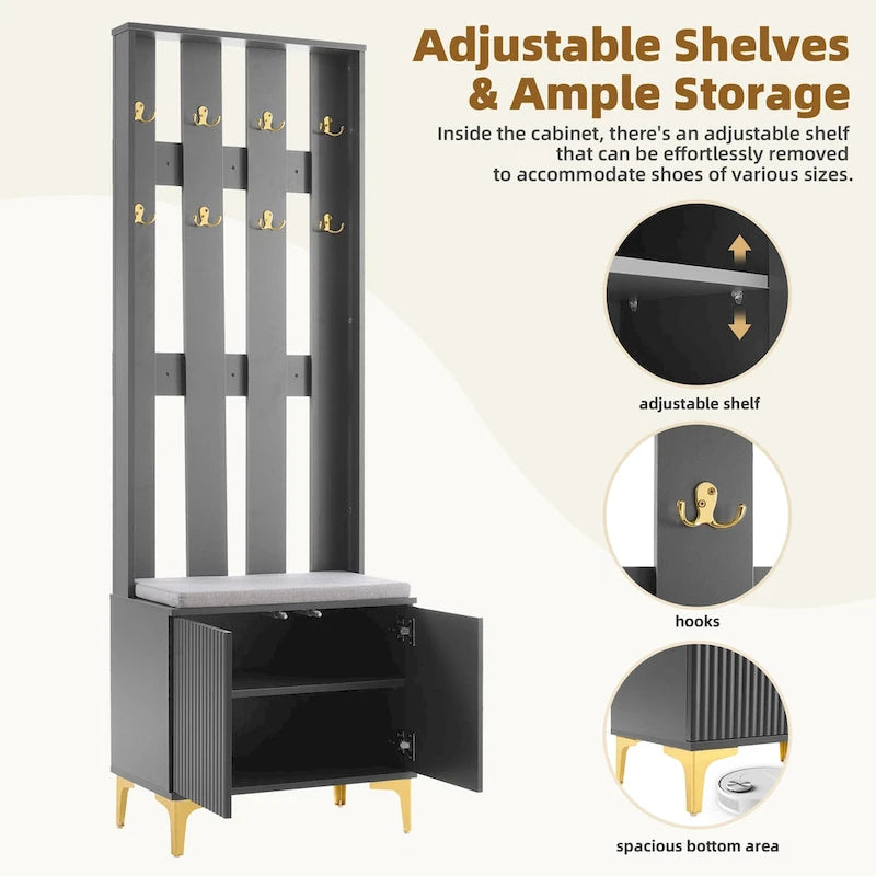 4-in-1 Hall Tree with Cushion Bench, Coat Rack with 8 Gold Hooks and Fluted Doors, Adjustable Shelves