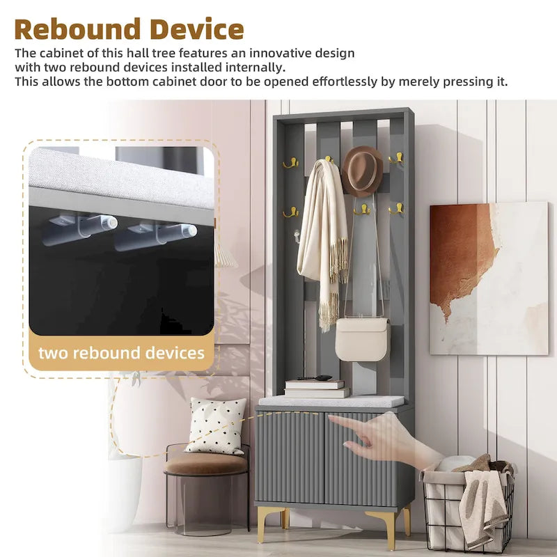4-in-1 Hall Tree with Cushion Bench, Coat Rack with 8 Gold Hooks and Fluted Doors, Adjustable Shelves