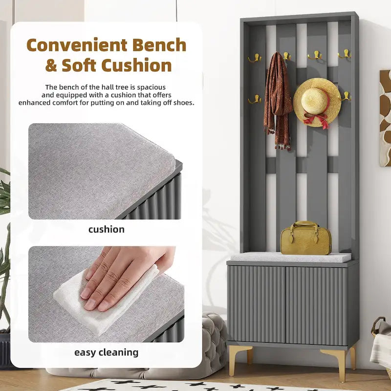 4-in-1 Hall Tree with Cushion Bench, Coat Rack with 8 Gold Hooks and Fluted Doors, Adjustable Shelves