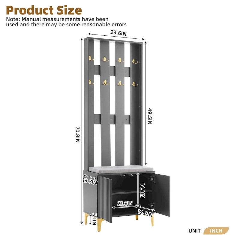 4-in-1 Hall Tree with Cushion Bench, Coat Rack with 8 Gold Hooks and Fluted Doors, Adjustable Shelves