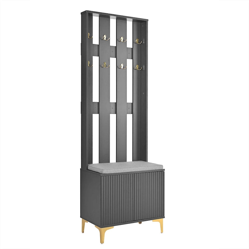 4-in-1 Hall Tree with Cushion Bench, Coat Rack with 8 Gold Hooks and Fluted Doors, Adjustable Shelves