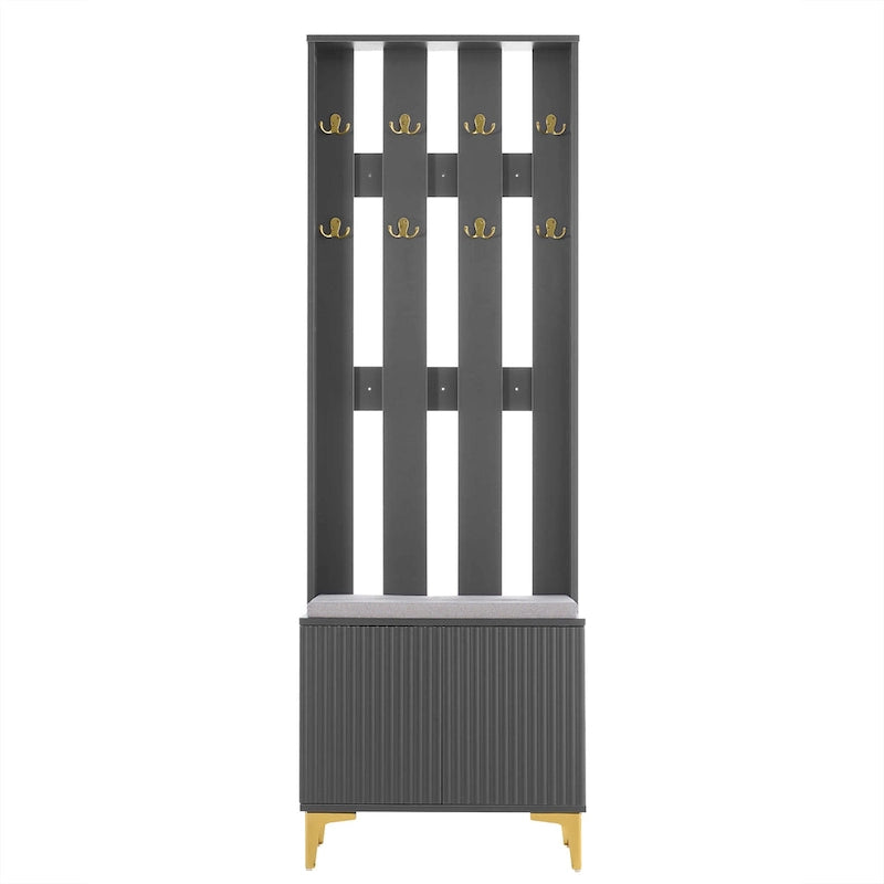 4-in-1 Hall Tree with Cushion Bench, Coat Rack with 8 Gold Hooks and Fluted Doors, Adjustable Shelves