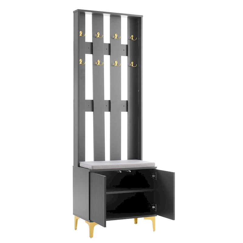 4-in-1 Hall Tree with Cushion Bench, Coat Rack with 8 Gold Hooks and Fluted Doors, Adjustable Shelves
