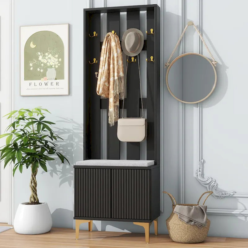 4-in-1 Hall Tree with Cushion Bench, Coat Rack with 8 Gold Hooks and Fluted Doors, Adjustable Shelves