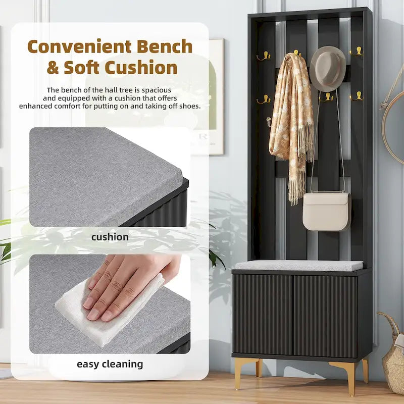 4-in-1 Hall Tree with Cushion Bench, Coat Rack with 8 Gold Hooks and Fluted Doors, Adjustable Shelves