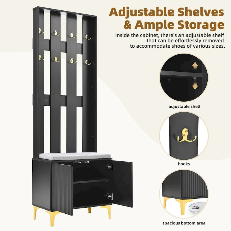 4-in-1 Hall Tree with Cushion Bench, Coat Rack with 8 Gold Hooks and Fluted Doors, Adjustable Shelves