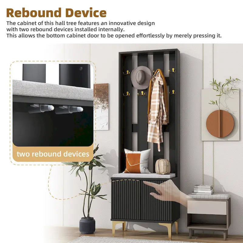 4-in-1 Hall Tree with Cushion Bench, Coat Rack with 8 Gold Hooks and Fluted Doors, Adjustable Shelves