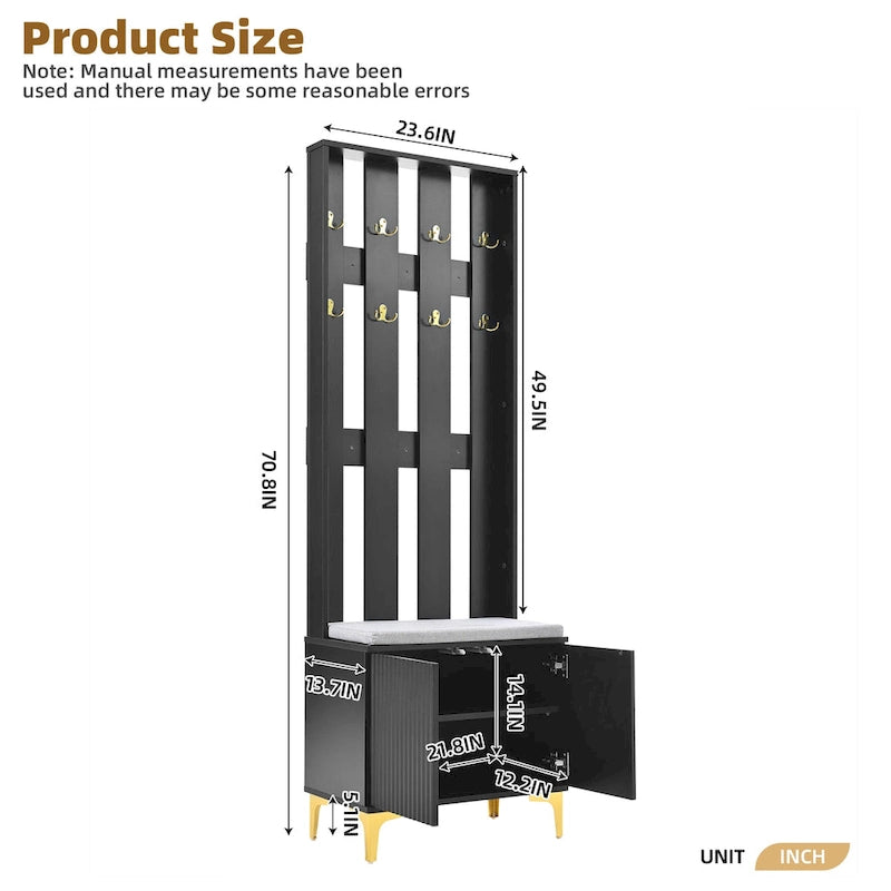 4-in-1 Hall Tree with Cushion Bench, Coat Rack with 8 Gold Hooks and Fluted Doors, Adjustable Shelves