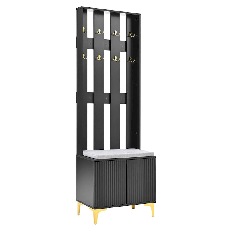 4-in-1 Hall Tree with Cushion Bench, Coat Rack with 8 Gold Hooks and Fluted Doors, Adjustable Shelves