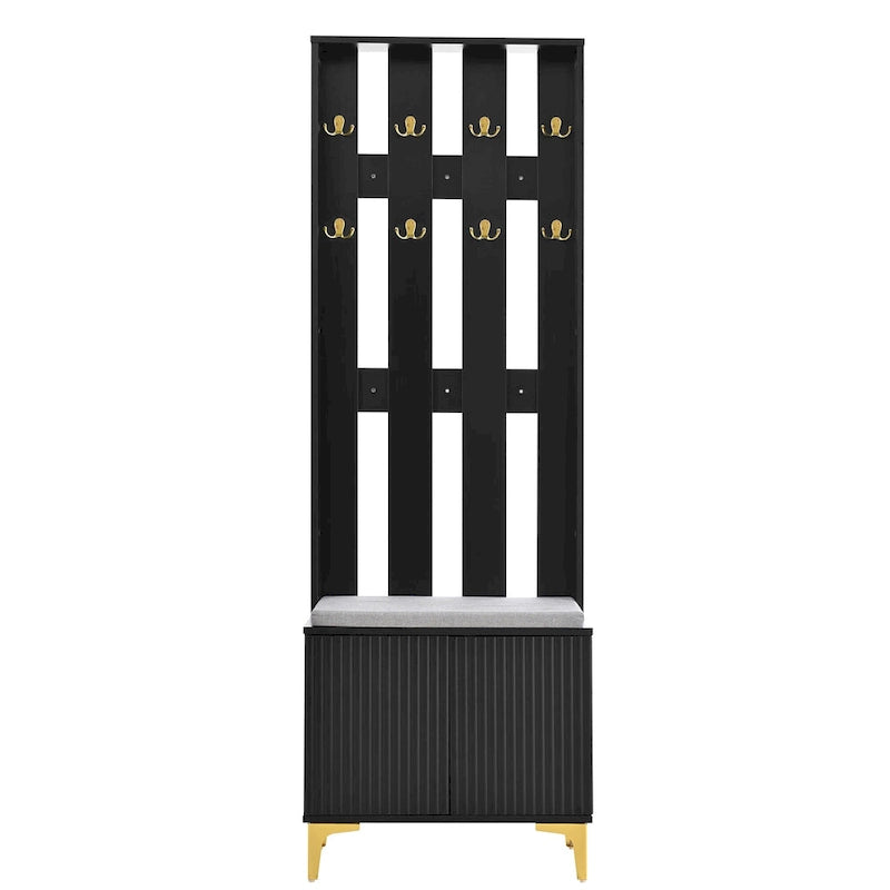 4-in-1 Hall Tree with Cushion Bench, Coat Rack with 8 Gold Hooks and Fluted Doors, Adjustable Shelves