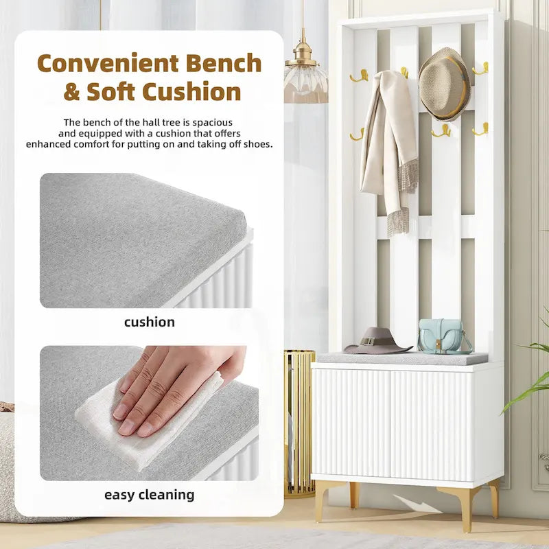 4-in-1 Hall Tree with Cushion Bench, Coat Rack with 8 Gold Hooks and Fluted Doors, Adjustable Shelves