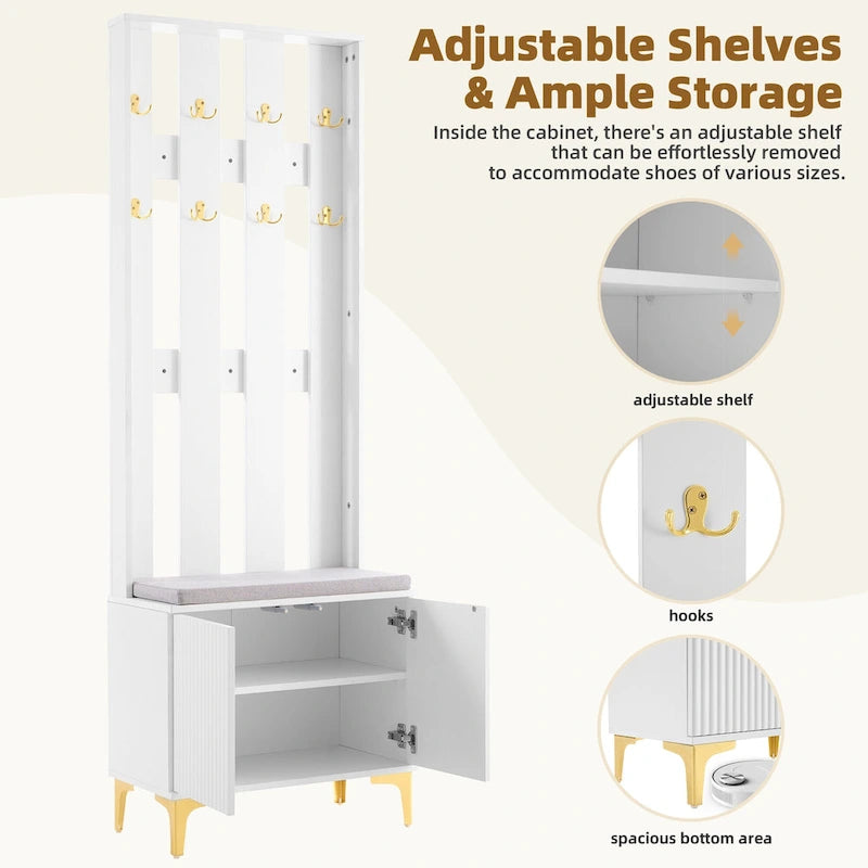 4-in-1 Hall Tree with Cushion Bench, Coat Rack with 8 Gold Hooks and Fluted Doors, Adjustable Shelves
