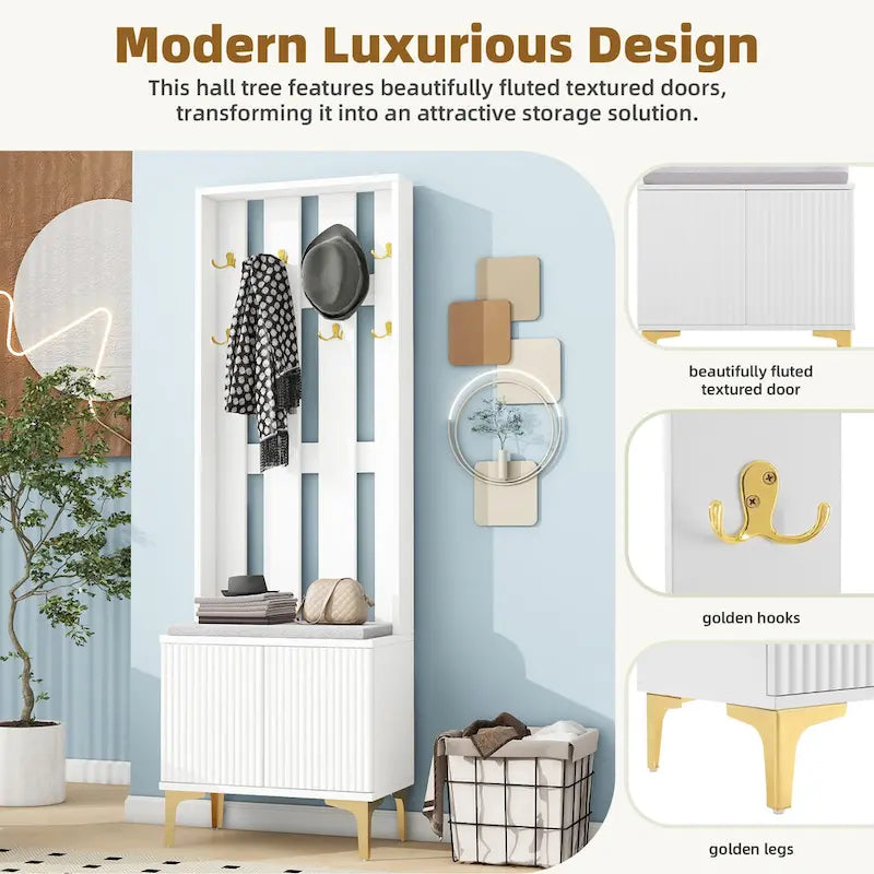 4-in-1 Hall Tree with Cushion Bench, Coat Rack with 8 Gold Hooks and Fluted Doors, Adjustable Shelves