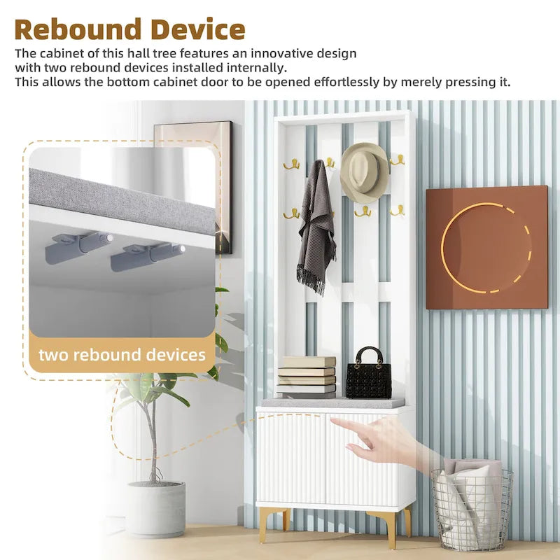 4-in-1 Hall Tree with Cushion Bench, Coat Rack with 8 Gold Hooks and Fluted Doors, Adjustable Shelves