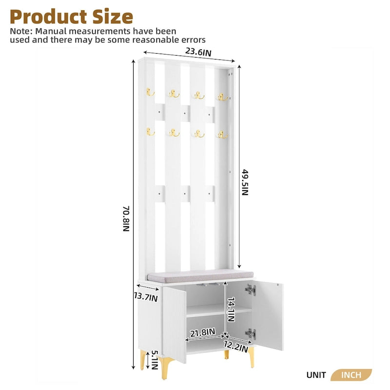 4-in-1 Hall Tree with Cushion Bench, Coat Rack with 8 Gold Hooks and Fluted Doors, Adjustable Shelves