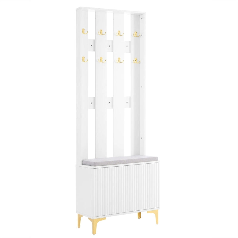 4-in-1 Hall Tree with Cushion Bench, Coat Rack with 8 Gold Hooks and Fluted Doors, Adjustable Shelves