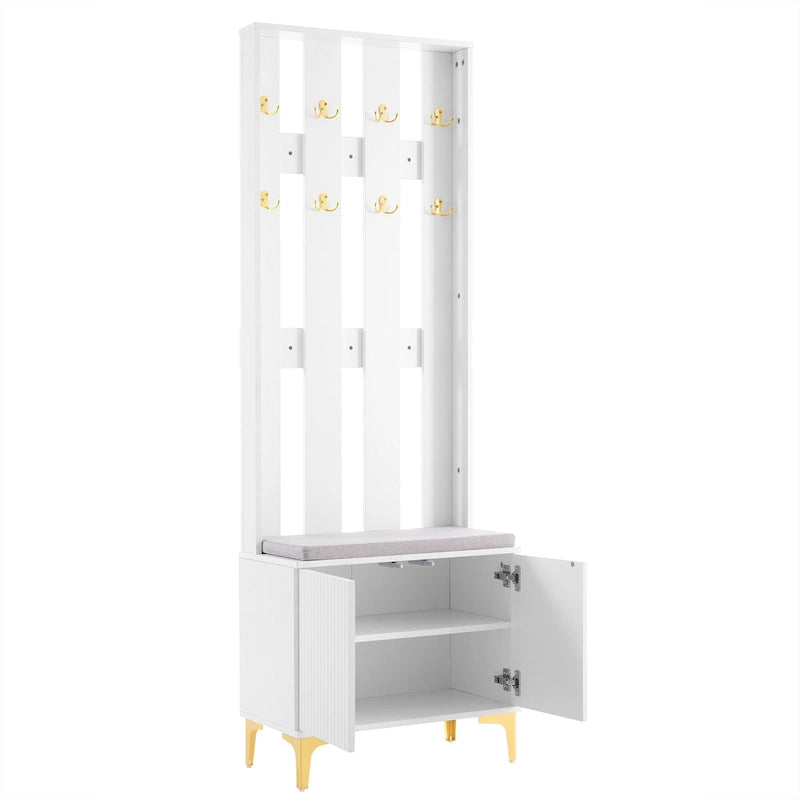 4-in-1 Hall Tree with Cushion Bench, Coat Rack with 8 Gold Hooks and Fluted Doors, Adjustable Shelves