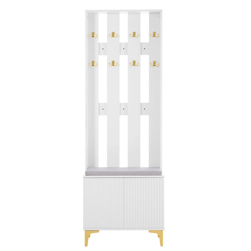 4-in-1 Hall Tree with Cushion Bench, Coat Rack with 8 Gold Hooks and Fluted Doors, Adjustable Shelves