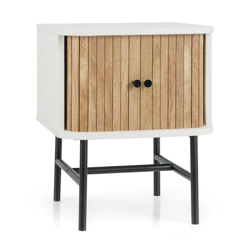 Sliding Door Nightstand Mid-Century Modern Storage End Table