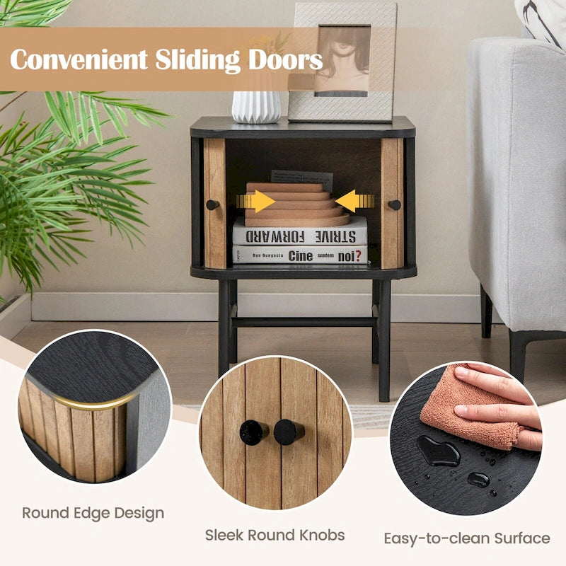 Sliding Door Nightstand Mid-Century Modern Storage End Table