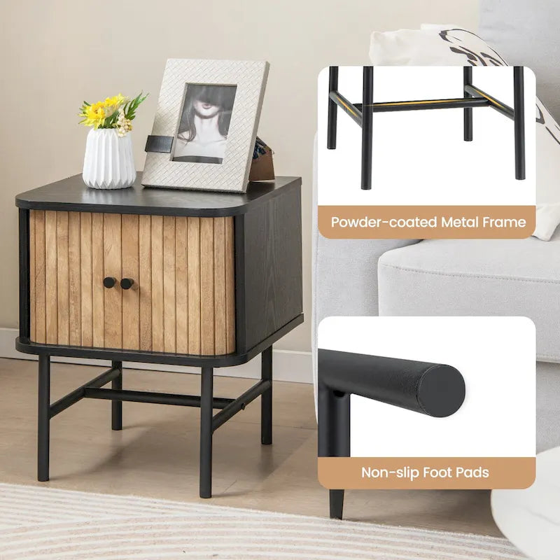 Sliding Door Nightstand Mid-Century Modern Storage End Table