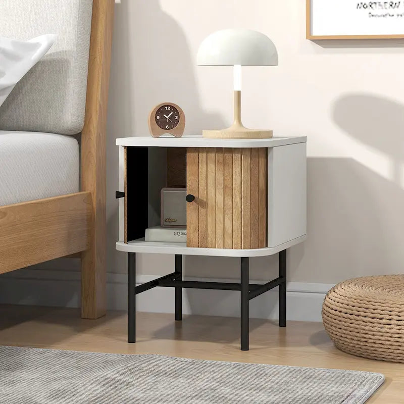 Sliding Door Nightstand Mid-Century Modern Storage End Table