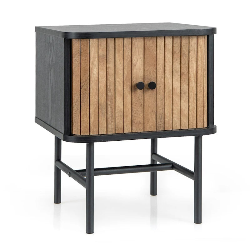 Comodino con anta scorrevole, tavolino contenitore moderno in stile Mid-Century