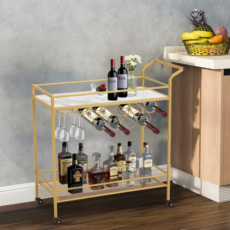 Gold Bar Cart with Wheels, Rolling Liquor Cart with Wine Rack and Glass Holder, Modern Bar Trolley for Home Kitchen