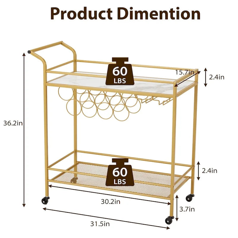 Gold Bar Cart with Wheels, Rolling Liquor Cart with Wine Rack and Glass Holder, Modern Bar Trolley for Home Kitchen