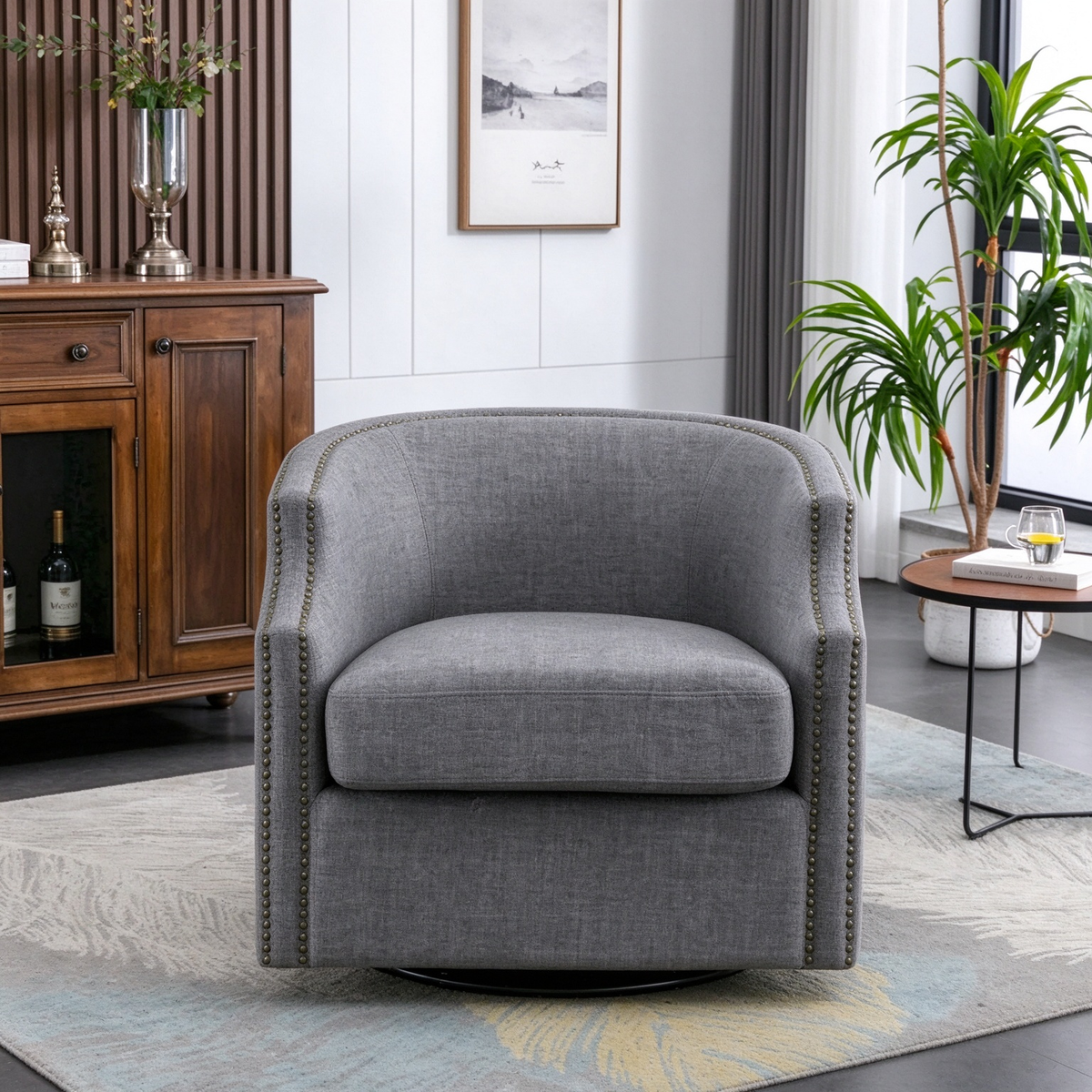 PU Leather Upholstered 360-Degree Swivel Barrel Accent Chair for Living Room
