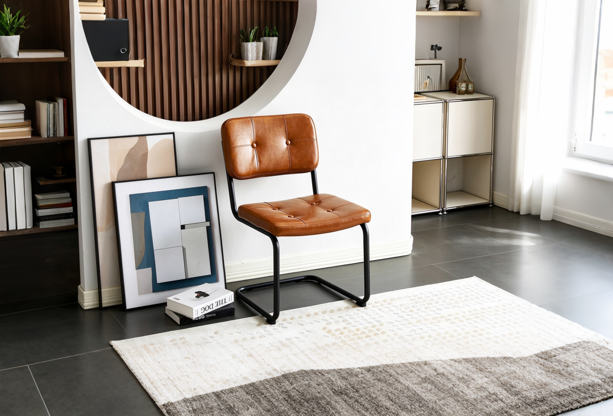 Modern Simple Leather Dining Chair with Metal Pipe Legs