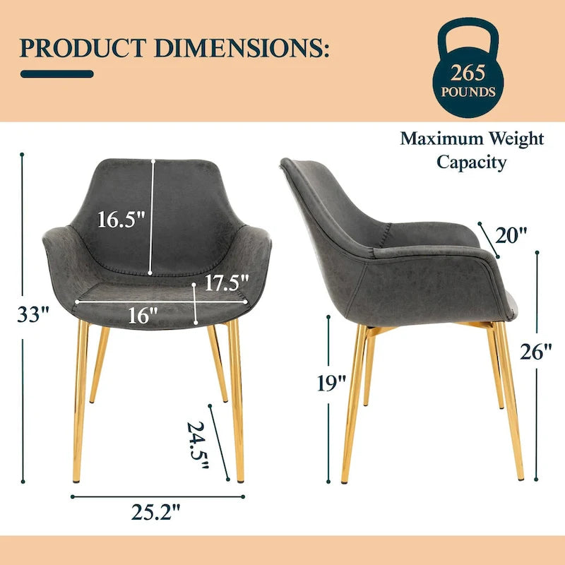 Chaise de salle à manger avec pieds en métal doré, lot de 2, marron clair