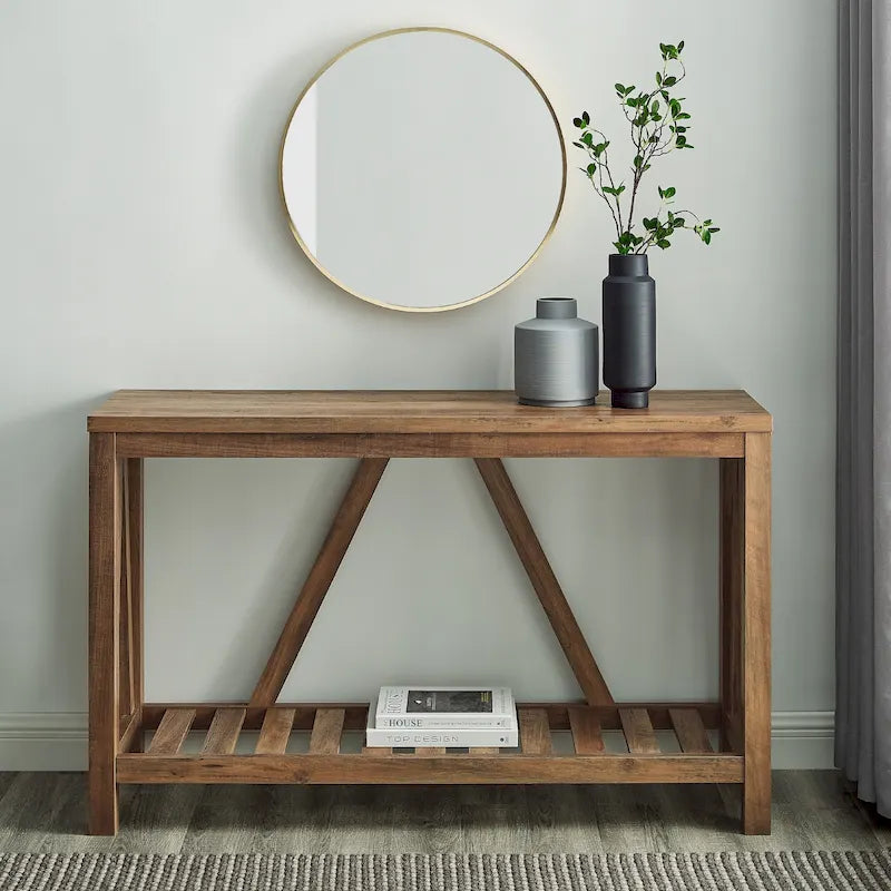 Rustic A-Frame Console Entry Table with Slatted Bottom Shelf
