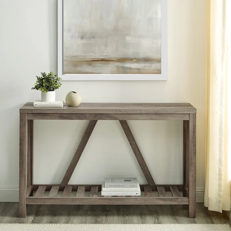 Rustic A-Frame Console Entry Table with Slatted Bottom Shelf