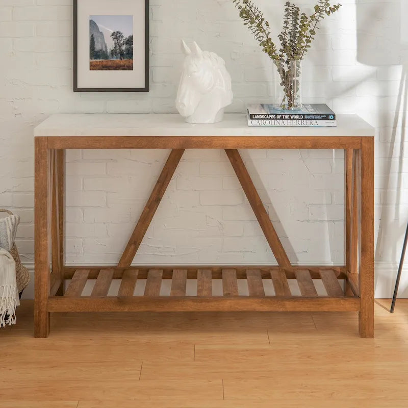 Rustic A-Frame Console Entry Table with Slatted Bottom Shelf