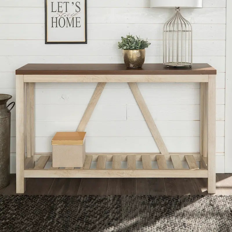 Rustic A-Frame Console Entry Table with Slatted Bottom Shelf