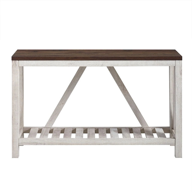 Mesa consola de entrada rústica con estructura en A y estante inferior de listones
