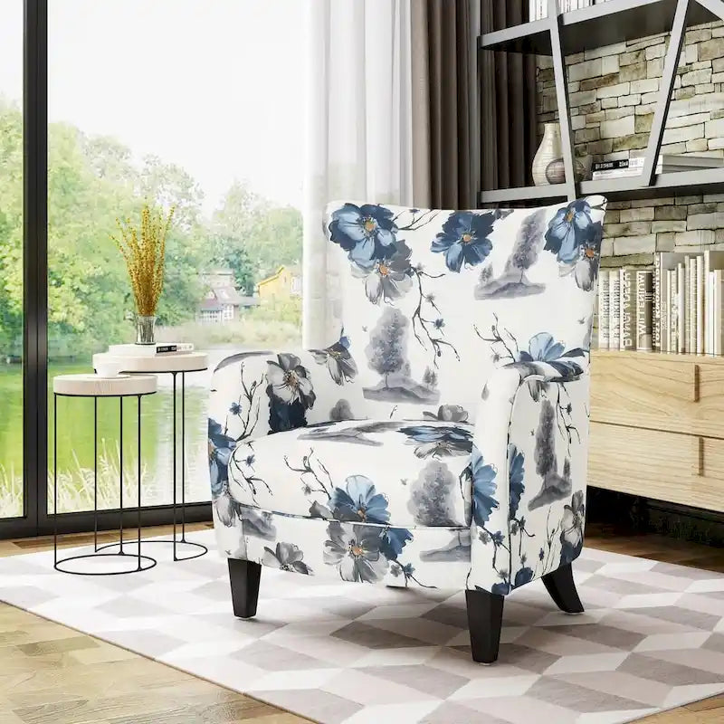 Contemporary Fabric Upholstered Wingback Club Chair with Birch Wood Legs