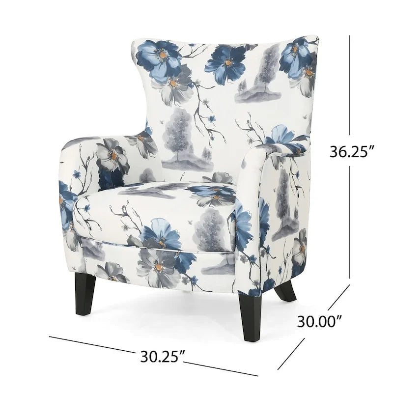 Contemporary Fabric Upholstered Wingback Club Chair with Birch Wood Legs