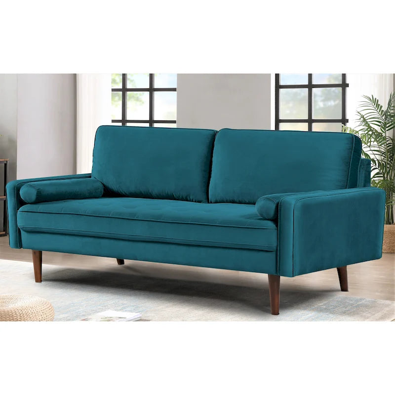 Mid-Century Velvet Tufted Sofa with Wood Frame and Bolster Pillows