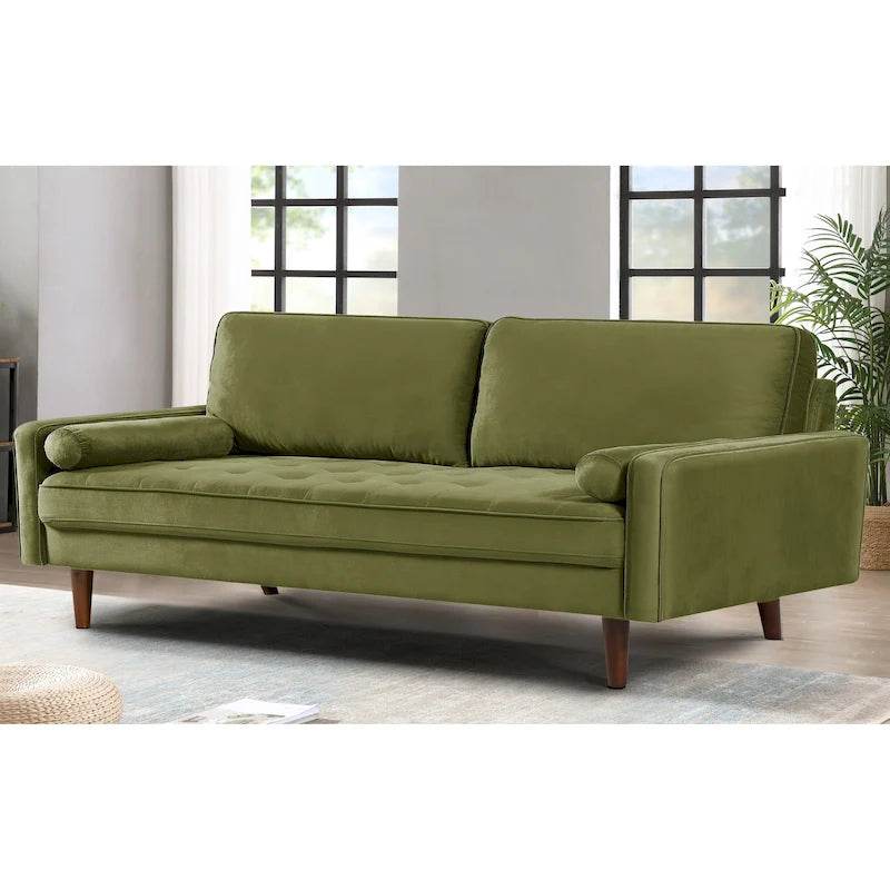 Mid-Century Velvet Tufted Sofa with Wood Frame and Bolster Pillows