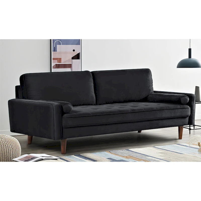 Mid-Century Velvet Tufted Sofa with Wood Frame and Bolster Pillows