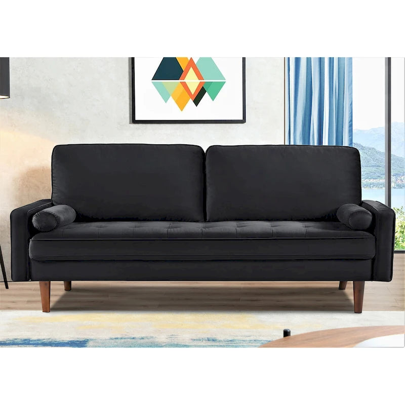 Mid-Century Velvet Tufted Sofa with Wood Frame and Bolster Pillows