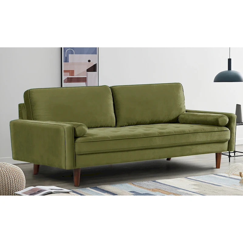 Mid-Century Velvet Tufted Sofa with Wood Frame and Bolster Pillows
