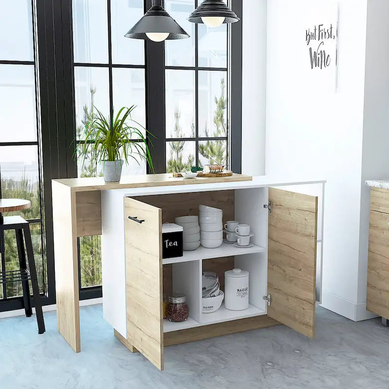 Kitchen Island with 2 Open Shelves, Double Door Cabinet, and 3 Inner Shelves