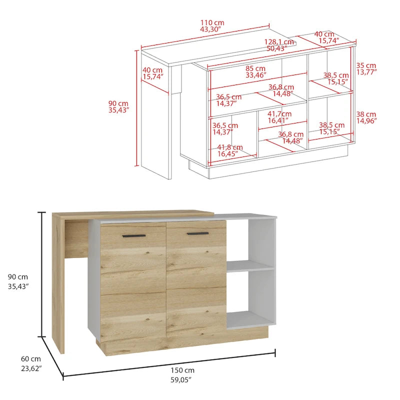 Isla de cocina con 2 estantes abiertos, armario de doble puerta y 3 estantes interiores
