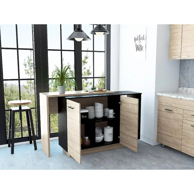 Isla de cocina con 2 estantes abiertos, armario de doble puerta y 3 estantes interiores