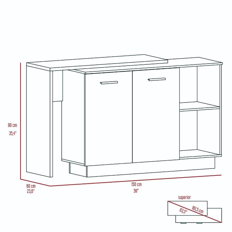 Isla de cocina con 2 estantes abiertos, armario de doble puerta y 3 estantes interiores